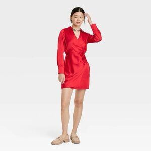 A New Day Satin Dress Size XXL Long Sleeve Faux Wrap Shirtdress Red Business NEW